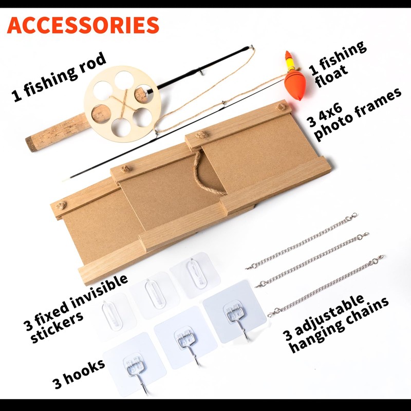 RELIY Wood Fishing Pole Wall Decor with 3 4”X4” Frames,