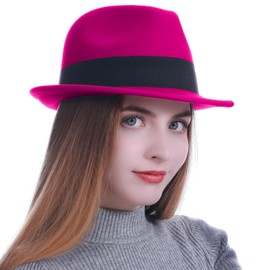 HEYANN Fedora Hats,100% Sheep Wool Short Brim Trilby Panama Hat for Men Women Classic Jazz Cap Derby Party Cap(L/XL,Magenta)