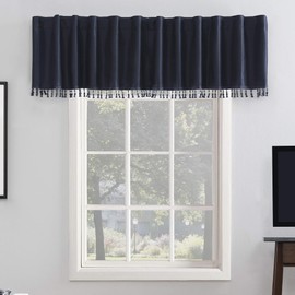 Sun Zero Greyson Faux Dupioni Silk Beaded Tassels Extreme 100% Blackout Back Tab Curtain Valance, 50" x 17", Navy Blue
