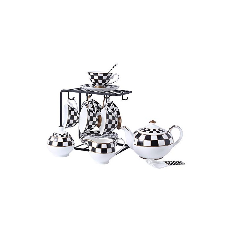 Porlien Checker Pattern 17-Piece Tea Set for 6 with Teapot,