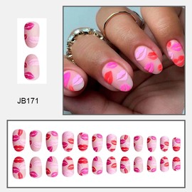 Valentine's Day Press on Nails Medium Almond Shaped Fake Nails with Lip Love Designs False Nail Tips Pink Stick on Nails Full Cover Reusable Glue on Nails Valentines Nails for Women Girls 24pcs