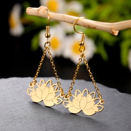 KKJOY Lotus Flower Dangle Earrings Stainless Steel Buddhism Yoga Symbol Inspirational Jewelry for Women Charming Ladies (Gold)