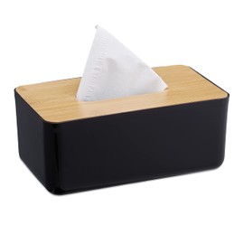 Relaxdays Tissue Box, Refillable, Bathroom, Napkin Dispenser, Bamboo Lid, Plastic, 10 x 23 x 13 cm, Black/Natural