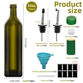 eispap 4Pcs 33 oz Olive Oil Dispenser Bottle,1000ml Glass Oil and Vinegar Dispenser Set with Pourers and Funnel ，Oil Bottles for Kitchen Large capacity oil bottles (Green 4pcs)