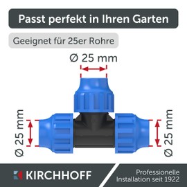 Kirchhoff T-piece, plastic, 25 x 25 x 25 mm, for HDPE pipe, 3 x 5 x fittings, various sizes, DVGW tested, drinking water quality, made in the EU, black, 25 mm, 984844217