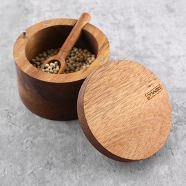 DGYLL Acacia Wood Salt Container with Spoon Salt Keeper Salt Box Spice Storage Box Condiment Pot Sugar Bowl with Spoon and swiveling lid Size: 3.5DIA x 2.5H inch (1pc no Pattern/w Spoon)