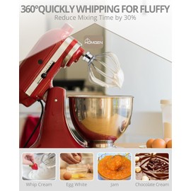 HOMGEN 6-Wire Whisk Attachment for KitchenAid Mixer, 304 Stainless Steel K45WW Wire Whip for 4.5/5 QT Tilt-Head Kitchenaid Stand Mixer Replacement Egg Cream Stirrer with Hook for Cream Sauces