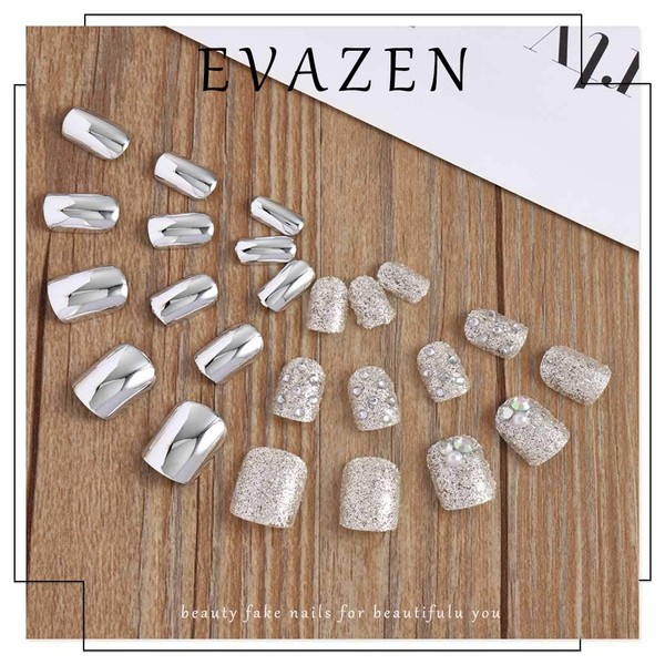 Evazen Square Mirror Glossy False Nails Sliver Rhinestone Fake Nails Short Sequins Shining Press on Nails Artificial Daily Nail for Women and Girls(Pack of 24)