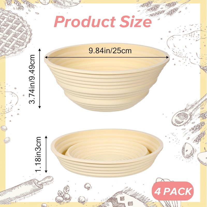 4 Pcs Silicone Bread Proofing Baskets Banneton, 9 Inch Collapsible