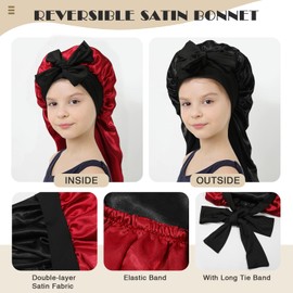 Kids Long Hair Bonnet for Sleeping - Double Layer Girls Elastic Satin Bonnet with Tie Band for Braid Curly Hair (Black+Wine)