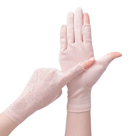 Kingsiely Sunscreen Gloves, Summer, Polka Dots, Lace Gloves, UV Protection, Thin, Smartphone Compatible, Anti-Slip, Short Gloves, UV Protection, Women's, Driving, Floral Pink