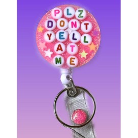 Plz Don’t Yell at Me Handmade Resin Badge Reel with Letter Beads – Funny & Functional Office Accessory:_Alligator Clip_Red-Violet Fine Glitter
