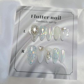 Blue Glitter & Silver Stone Handmade Nail Tips - Short Oval / 블루글리터&실버스톤 수제네일팁 - 숏오발