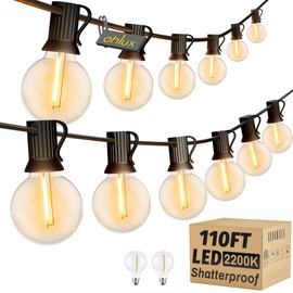 OHLUX Outdoor String Lights,110FT Dimmable Patio Lights with 58 Shatterproof 2200K LED G40 Bulbs(2 Spare),Waterproof Hanging Lights String for Outside Backyard Cafe Porch Deck Porch