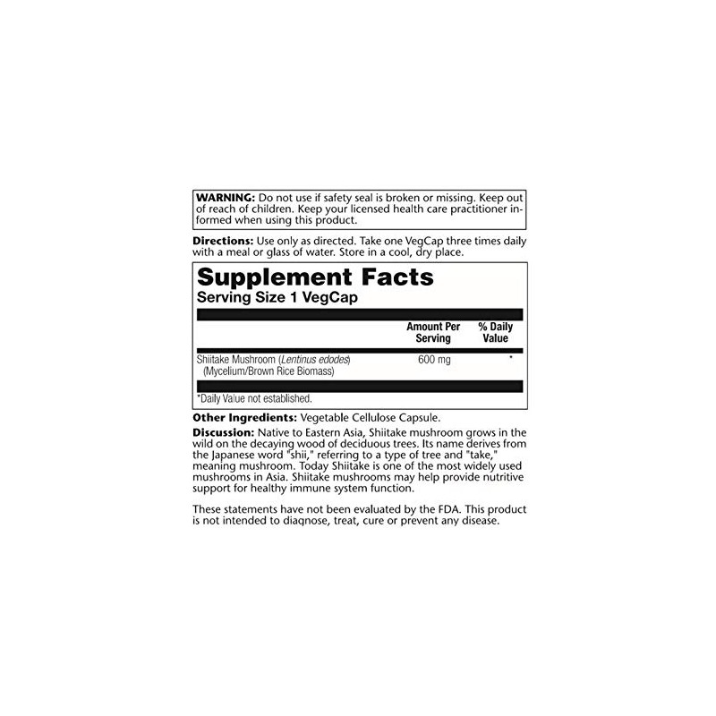 SOLARAY Shiitake Mushroom 600 mg | 100 Count