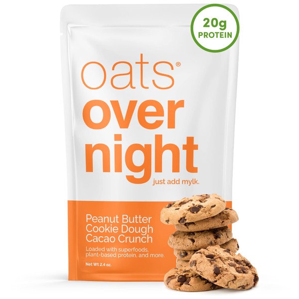 Oats Overnight - Peanut Butter Cookie Dough Cacao Crunch - Vegan, 20g Protein, High Fiber Breakfast Shake - Gluten Free, Non GMO Oatmeal (2.4 oz per meal) (8 Pack)
