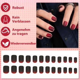 French Press On Nails, Pack of 24 Red/Black Matte Gradient Nails for Sticking Short, Full Cover Nail Tip Tips for Gel Nails, Artificial Nails, Fingernails, Fake Nails for Women and Girls (Red Black)