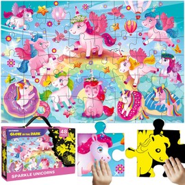QUOKKA Floor Puzzles for Kids Ages 4–8 – 2x3 FT Giant Glow in The Dark Jigsaw – 48 Large Pieces – Magical Fantasy Unicorn Scene – Montessori Toy with Gift Box – Fun Learning Activity