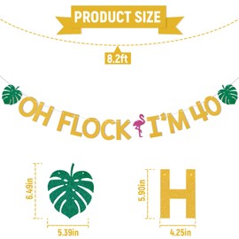 Oh Flock I'm 40 Banner - Summer Beach Flamingp 40th Birthday Decor, Hawaiian Tropical Luau 40th Birthday Party Decorations Gold Glitter