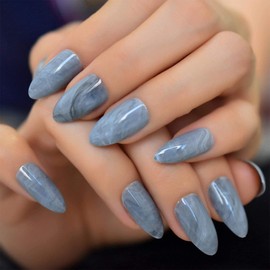 TseenYi Stiletto grey marble press on nails glossy medium fake nails tips prom party club clip on nails ballerina acrylic nails art for women and girls, 24 pieces