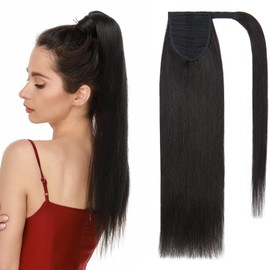 SEGOHAIR Wrap Around Ponytail Human Hair Clip in Ponytail Hair Extensions, 14 inch Long Straight One Piece Clip in Hairpieces Remy Real Human Hair-Off-Black