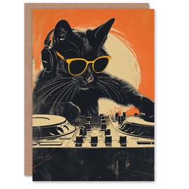 Artery8 Birthday Card DJ Black Cat with Sunglasses on Decks for Him Man Male Dad Brother Son Dad Grandad Greeting Card
