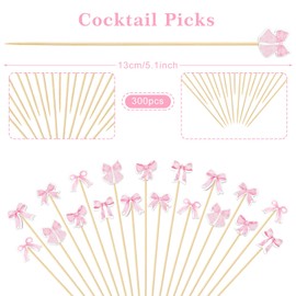 JarThenaAMCS 300Pcs Pink Bow Cocktail Pick Coquette Bowknot Long Toothpick 6 Designs Appetizer Skewer for Fruit Drink Dessert Bachelorette Party Supplies