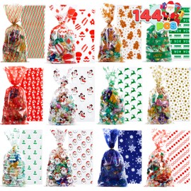 JOYIN 144 PCS Christmas Cellophane Bags with Ribbon for Holiday Treats, Christmas Clear Cello Gift Candy Cookie Bags for Party Favors, Festivals Presents, Party Supplies (11” X 5”)