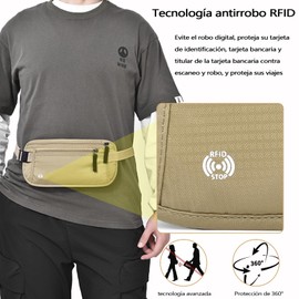 Cangurera de Viaje Oculta con Tecnología Bloqueo RFID, Riñonera Ultrafina Impermeable y Antirrobo,Cinturón Hombre y Mujer Ajustable para Viaje,Deporte, Running, Ejercicio (Caqui)