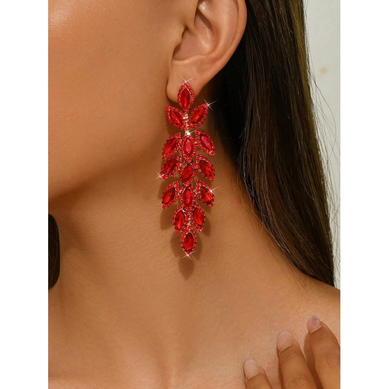 Rhinestone Statement Earrings Red Crystal Dangle Earrings Long Crystal Chandelier