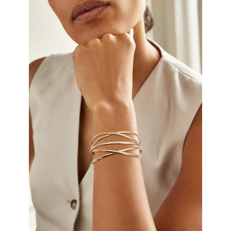 Wovanoo Multi-layer Cuff Bracelet for Women Cross Wire Bracelets Open
