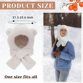 Silicherry 3 Pcs Winter Bear Ear Beanie Hat Scarf Women Kawaii Fluffy Knit Hat 2 in 1 Cute Warm Fuzzy Japanese Balaclava Cap for Christmas Hood Clothes, Beige, Khaki, White