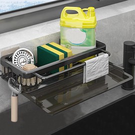 Hanging Sink Organiser, Sink Organiser with Drain Pan, Kitchen Sponge Holder with Dish Cloth Holder and Two Hooks, Dish Drainer Tableware, for Kitchen (Black)