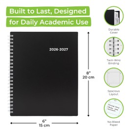 WallDeca Academic Planner 2026-2027, Daily, Weekly & Monthly Planner, July 2026 - June 2027, Student Notes Pages, Twin-Wire Binding Day and Weekly Agenda for School (8 x 6-Inches, Black, UK)