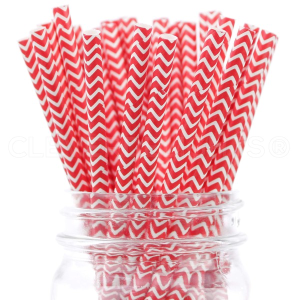 CleverDelights Paper Straws - Red Chevron - Box of 100 - Biodegradable
