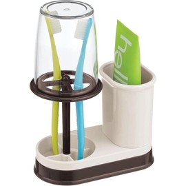 Plastic and Toothbrush Holder Center with Cup/Cover - Organizer for Bathroom Vanity Countertop - Holds Paste, Floss, Accessories - Hyde Collection - Cream/Bronze - Color: Cream/Bronze