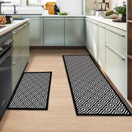Kitchen Rug 2 Piece Set,Non-Slip Absorbent and Washable Runner Rug,Geometric Kitchen Floor Mat for Kitchen, Home, Office, Sink, Laundry (B-Black, 40x120cm+40x60cm)