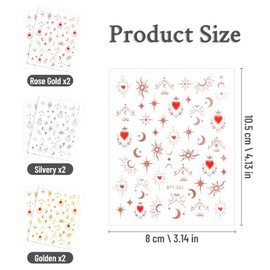 6 Sheets Nail Art Stickers Moon Sun Star Heart Nail Art Stickers Self-Adhesive 3D Bronzing Holographic Starlight Nail Art Decals for French Nails Design Accessories Girls Women DIY Nail Decorations Supplies