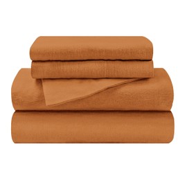 Superior Extra Soft All Season 100% Brushed Cotton Flannel Solid Bedding Sheet Set with Deep Pockets Fitted Sheet - Pumpkin, Full Size