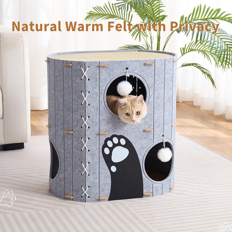 Cat House for Indoor Cats,2-Storey Felt and Wood Plank Cat