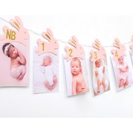 Agkvw Bunny 1st Birthday Monthly Milestone Photo Banner - Some Bunny Is One Newbron to 12 Months Photo Banner for Grils, Easter 1st Birthday Decorations, Rabbit Theme First Year Monthly Photo Display