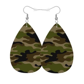 Vosach Green Camouflage Leather Teardrop Earrings For Women Retro Classical Military Pattern Western Earrings For Friends Gift Drop Dangle Earrings