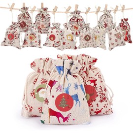 LATERN Pack of 24 Christmas Linen Drawstring Bags, 12 Styles Jute Goodie Bags Jewellery Gift Bag - with Wooden Clip Christmas Sticker and String, for Christmas Wedding Gift Packaging (10 x 14 cm)