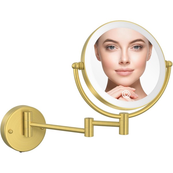 Rechargeable Wall Mounted Lighted Makeup Mirror with Magnification Gold, 1X/10X
