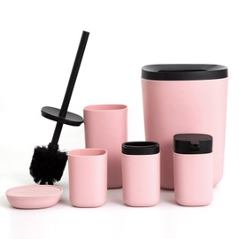 SAUMONIERES Bathroom Accessories Set of 6, Modern, Pink Plastic, Includes Toothbrush Holder, Soap Dispenser, Trash Can, Soap Dish, Toilet Brush Holder