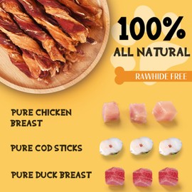 ASMPET Dog Treats Chews, Triple Flavor Chicken Duck and Cod Twisted Jerky Sticks for Small Medium Large Dogs 10.6 oz