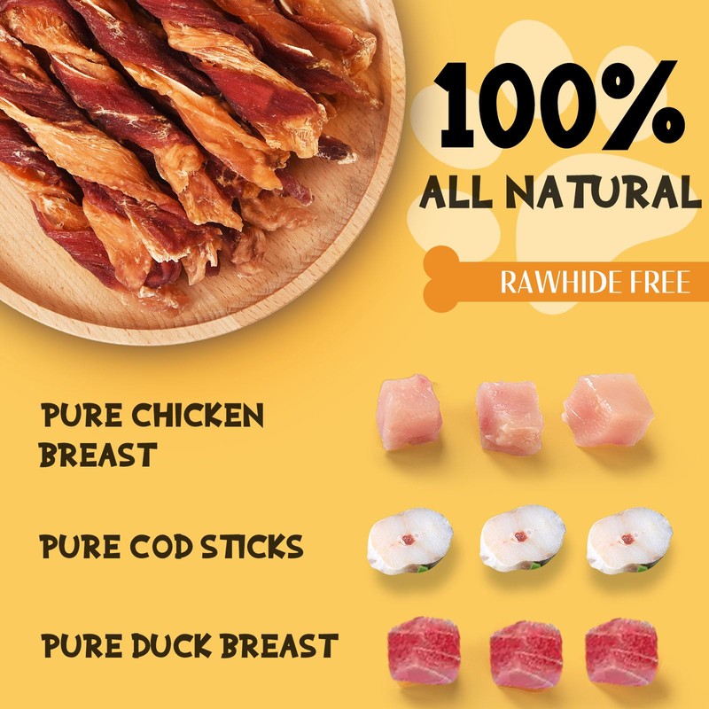 ASMPET Dog Treats Chews, Triple Flavor Chicken Duck and Cod