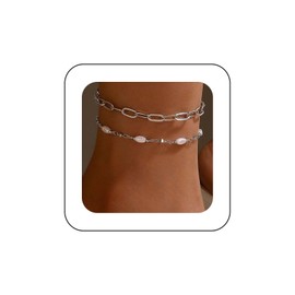 Andelaisi Boho Pearl Ankle Bracelet Silver Oval Pearl Anklet Bracelet Layered Paperclip Chain Anklet White Pearl Beaded Anklet Foot Chain Jewelry for Women 2Pcs