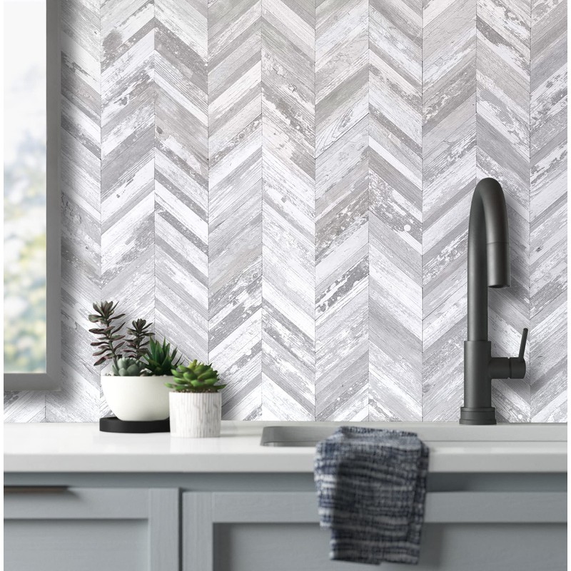 DICOFUN 10-Sheet Herringbone Peel and Stick Backsplash, Vintage White Wood