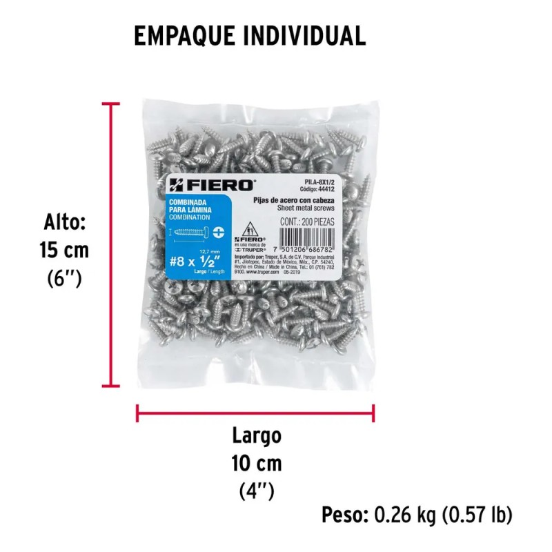 Pija Para Lámina #8 X 1/2, Bolsa Con 200 Pzas,